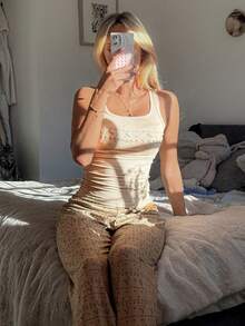 DAZY 2pcs/Set Women's Sleeveless Ditsy Floral Top And Straight Leg Long Pants Pajama Set, Spring/Summer - Apricot - View 4