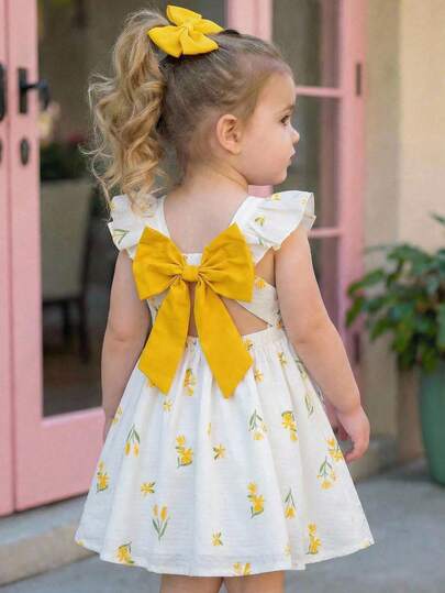 LMoss Kids Babygirl Cute Colorblock Bow Print Flutter Sleeve Dress, Summer Yellow Floral Summer Dress Baby Girl White Yellow Floral Dress Toddler Girl Yellow Floral Dress Girls Spring Floral Dress