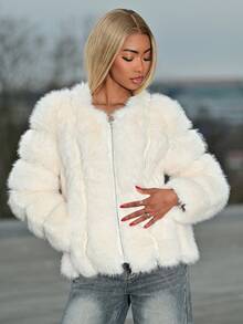 Mima John 秋冬新款高贵仿狐狸毛边饰大衣，时尚女式毛边蓬松外套 - 米色 - 查看 5