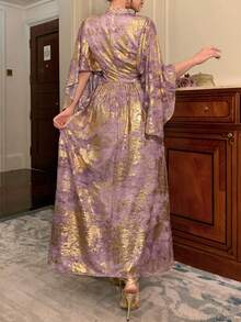 DAZY Robe cape contrastée violet brillant et or, élégante pour la Saint-Valentin, le mariage, les fêtes, les banquets et les événements de mode. Caractéristiques : manches chauve-souris, ourlet à volants, imprimé floral, robe longue d'été - Doré - Voir 4