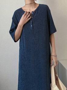 FRIFUL Women's Half-Placket Textured Fabric Straight Long Dress - Blue - View 5