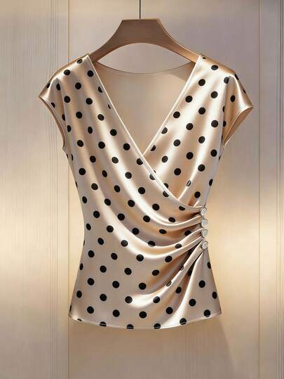 Franclia Casual V-Neck Pleated Trim Button Decor Loose Fit Blouse For Women Women's Wrap Tops Polka Dot Blouses Dressy Tops For Women Elegant Women's Tops Gold Blouses Polkadot Top Wrap Tops For Women Women's Tops Dressy Women Tops Elegant Gold Blouses For Women