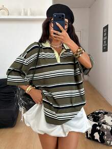 Coolane 夏季女士外出休闲街头风 Y2K 复古极简主义基础日常穿搭必备条纹舒适 Polo 衫，休闲百搭 - 彩色 - 查看 2
