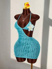 Amplova 钩针编织不对称花卉装饰紧身迷你连衣裙 - 淺藍色 - 查看 2