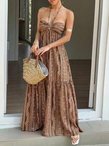 Sunnyshic 女士复古全印花露背吊带连衣裙，夏季 - 咖啡 - 查看 4