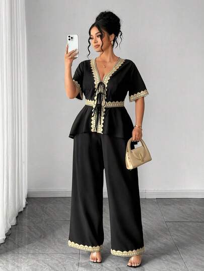 Elenzga Conjunto de 2 piezas de blusa elegante con volantes y pantalones para tallas grandes