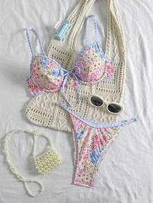 Swim Mod Women's Bikini Set,2-Piece Floral & Plaid Print Underwire Bikini,Bow Tie Straps Sweet Beach Outfit,Beige,Summer,Casual,Vacation,Holiday,Daily Wear - Multicolor - View 7