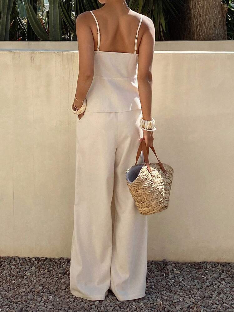 Women's Solid Color Pleated Tie-Waist Butterfly Ruffle Camisole & Wide Leg Pants Casual Summer 2-Piece Set