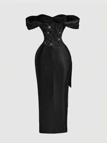 SHEIN MOD 女士花卉刺绣露肩修身褶皱优雅中长连衣裙 - 黑色 - 查看 5