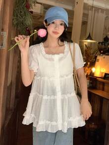 DAZY 女士白色方领荷叶边宽松休闲泡泡袖衬衫，修身显瘦 - 白色 - 查看 10