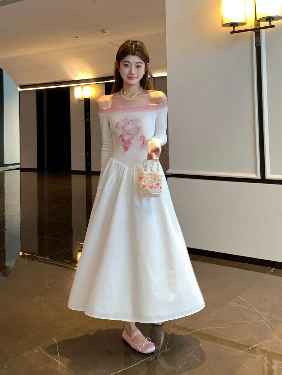 DAZY 女士露肩渐变印花长袖连衣裙，韩版吊带裙 - 白色 - 查看 1