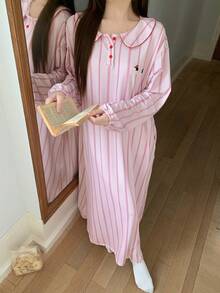 DAZY Cute Puppy Pattern Loose Striped Allover Print Peter Pan Collar Long Sleeve Long Nightgown Women Sleepwear Dress - Pink - View 3