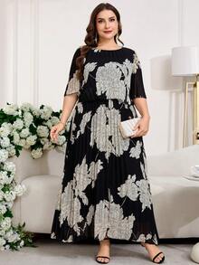 Reflora 大码女士优雅印花褶皱连衣裙 - 黑與白 - 查看 6