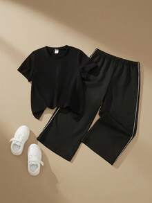 SHEIN Genkimix Kids Girls Black Round Neck Short Sleeve T-Shirt And Long Pants Co-Ords With Rhinestone Detail Everyday Casual Fitted Two-Piece Set - Black - View 4