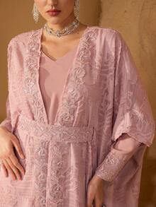 Layrah French Elegant Fabric Patchwork Luxurious Ribbon Women's Fashionable 2 Pieces Dress Set - Pink - View 7