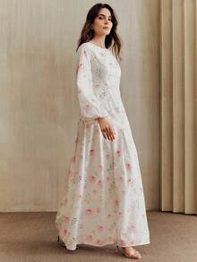 Anewsta Women's Elegant White And Pink Floral Print Maxi Dress,Long Sleeve Casual Loose Summer Cottagecore Party Dress,Minimalist Wildflower Floral Applique - Multicolor - View 5