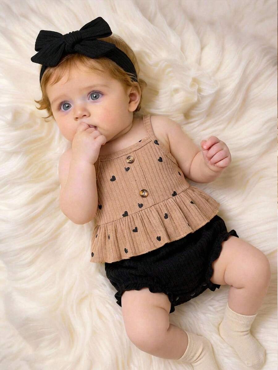 SHEIN Baby Girls' Summer New Cotton Rib Knit Heart Print Romper Set - Khaki - View 1