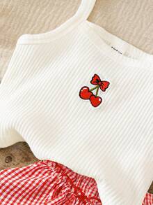 LMoss Kids 女婴夏季休闲度假风领结樱桃印花吊带背心和格纹印花短裙套装 - 彩色 - 查看 4