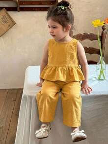 LMoss Kids Baby Girl Summer Casual Solid Color Ruffle Hem Top And Pants Set - Yellow - View 8