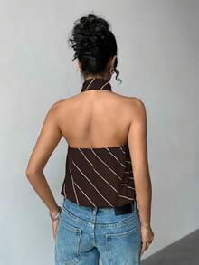 Jeanoix Women's Striped Halter Backless Fashionable Versatile Date Party Top - Coffee Brown - View 2