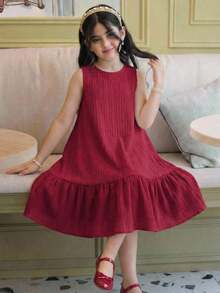 SHEIN Tween Girl Elegant Ruffle Hem Sleeveless Round Neck Dress - Burgundy - View 1