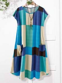 Rusticease Plus Size Women Plaid Round Neck Loose Casual Dress With Dual Pockets Summer Outfits Clothes Spring Outfit Clothing Country Style For - Mint Green - View 6