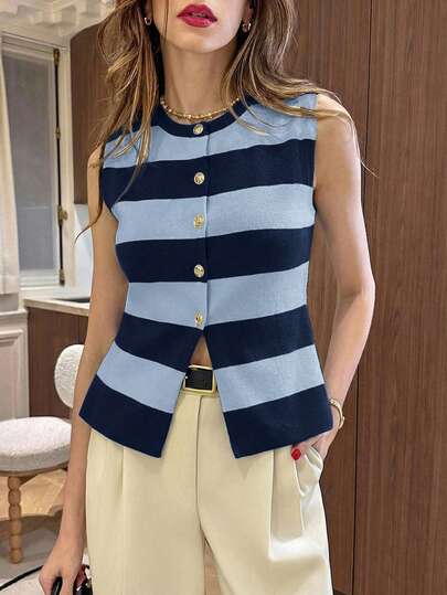 Pariaura Top ajustado de punto con cuello redondo, hebilla metálica asimétrica, bajo asimétrico y abertura frontal, de estilo minimalista francés, a rayas blancas y negras, versátil de punto acanalado, para uso diario, vacaciones, primavera/verano/otoño