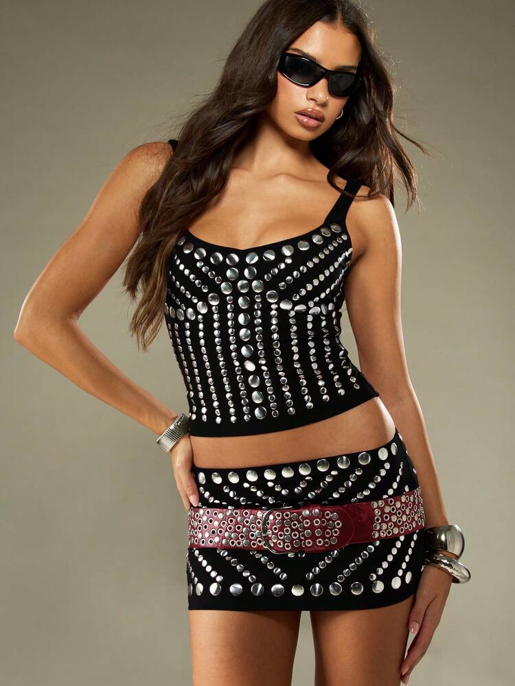MISSGUIDED Studded Embellished Cami Top And Micro Mini Skirt Co Ord Set Festival Party Club Wear Outfit With Silver Metal Studs