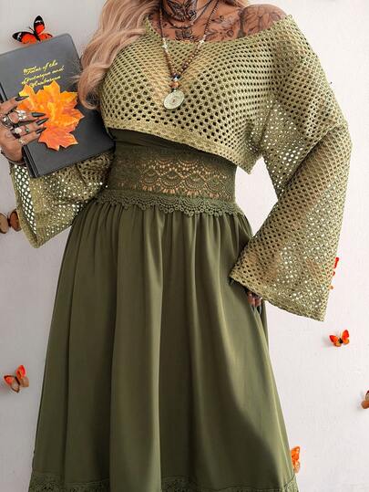 Whyspr Plus Size 2 Pieces Set: Military Green Floral Lace Dress & Apricot Hollow Out Grid Cover Up