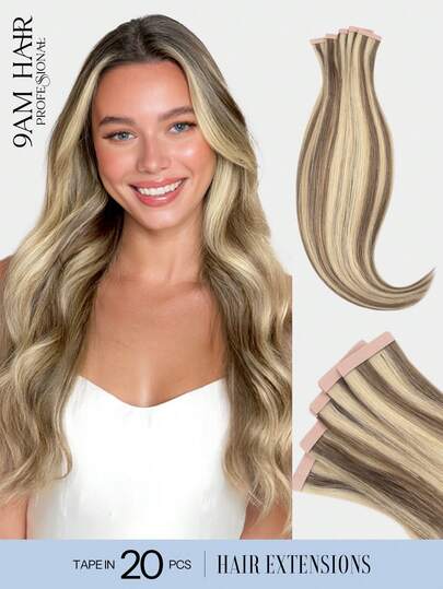 20片装无缝隐形PU接发片，直发，14-24英寸，100%真人发丝，50克/包，浅金色挑染，金色渐变，丝滑触感，自然逼真，柔软舒适。