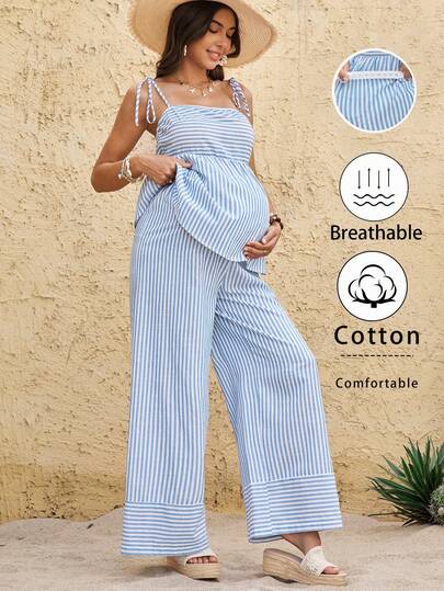 Boho Mama Summer Outfits  Blue Cotton Vacation Two-Piece Set For Pregnant Women, Adjustable Elastic For Comfort And No Tightness. Maternity Spaghetti Strap Sleeveless Tie Waist Striped Casual Summer 2 Pieces Set