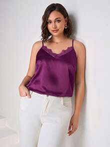 Chikora Plus Size Elegant Solid Color Lace Patchwork Camisole - Purple - View 6
