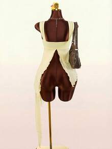 Amplova Romantic Boho Style Asymmetrical Mesh Hem Women Tank Top - Pale Yellow - View 2