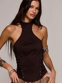 MUSERA Racerneck Canvas Lace Up Sides Fitted Longline Top Spring Summer Sexy Date Night Club Festival Holiday Night Out Vacation Soul Ties - Coffee Brown - View 2