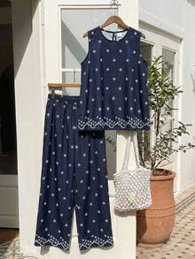 SHEIN Conjunto informal de niña preadolescente con top de tirantes de cuello redondo con estampado floral y pantalones de pierna ancha - Azul Marino - Ver 1