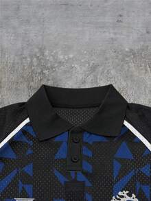 ROMWE MEN Prep 男士撞色字母印花短袖运动Polo衫，运动球衣 - 黑色 - 查看 3