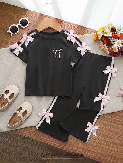 Cozy Pixies 2pcs Baby Girl Bow Decor Round Neck Short Sleeve Top And Elastic Waist Pants Set