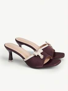 CUCCOO CHICEST Pink Satin Bow High Heel Sandals Square Toe Strap Cross Strap Elegant Banquet Sandals - Brown - View 2