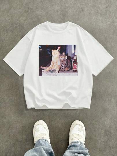 Manfinity Unisex 搞笑抽烟喝酒猫咪图案男士超大码表情包猫咪印花T恤