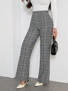 SHEIN PETITE 秋季优雅女士格子印花弹力针织裤，百搭款式，适合夏季度假、优雅旅行和日常通勤等多种场合，灰色长裤，秋季 - 黑與白 - 查看 10