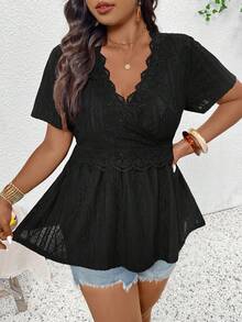 SHEIN Frenchy Plus Size Women's Black Summer Elegant Everyday Casual Babydoll Top,Textured V-Neck Contrast Lace Short Sleeve Empire Waist Cinched Vacation Blouses - Black - View 4