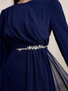 Graceveil 女士纯色圆领长袖拼接网眼优雅连衣裙 - 藍色 - 查看 6