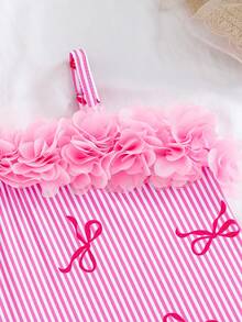 SHEIN Emery Rose Kids 小女孩可爱数码印花粉色蝴蝶结连体泳衣，适合海滩和泳池度假 - 淺粉色 - 查看 7