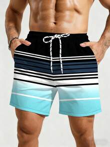 Manfinity Swimmode Pantalones cortos de playa para hombres con bolsillo, cintura con cordón y estampado de rayas de contraste - Multicolor - Ver 3