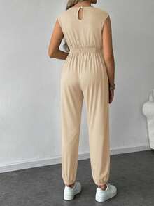 SHEIN Maternity Solid Shirred Sleeveless Jumpsuit, Casual Summer - Camel - View 2