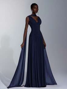 Elitara 优雅藏蓝色亮面网纱V领褶皱超大A字裙（带可拆卸垂坠雪纺片），适合约会、单身派对、婚礼、活动、伴娘礼服 - 藏蓝色 - 查看 8