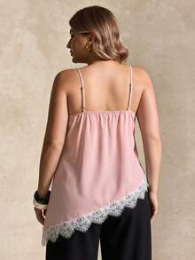 Elegantrix Plus Size Women Urban Casual Lace Asymmetric Hem V-Neck Patchwork Solid Color Short Camisole - Pink - View 2