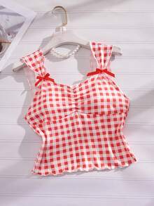 Eraneu 1pc Women's Plaid Casual Fashionable Versatile Blouse - Red and White - View 6