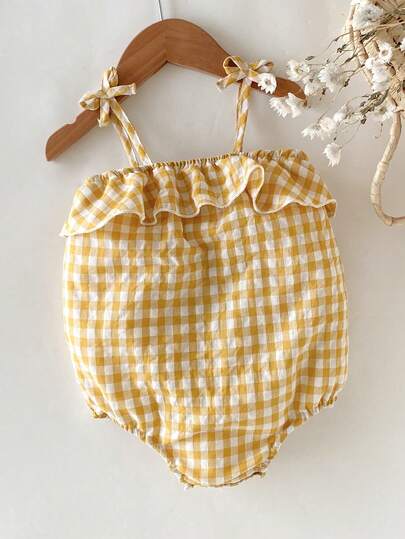 Playful Pals Baby Girls' Casual Fashionable Plaid Ruffle Strap Romper, Cute Princess Style, Suitable For Spring/Summer Outdoor, Daily, Travel Wear