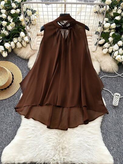 Franclia Plus Size Brown Sleeveless Semi-Sheer Casual Elegant Lightweight Loose Chiffon Halter Neck Tank Top, Suitable For Summer